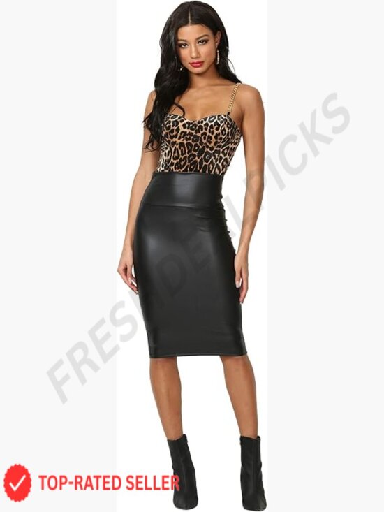 Dresses & Skirts - Faux Leather Pencil Skirt Midi High Rise Tummy Control Pull On Stretchy